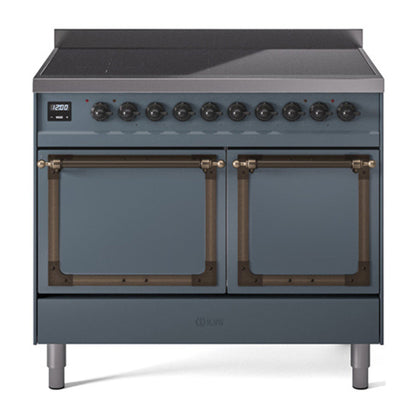ILVE Nostalgie II 40-Inch Induction Range with 6 Induction Elements, 4.3 cu. ft. Oven, Blue Grey with Burnished Trim, Solid Door, UNDI406QNMPBGB