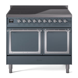 ILVE Nostalgie II 40-Inch Induction Range with 6 Induction Elements, 4.3 cu. ft. Oven, Blue Grey with Chrome Trim, Solid Door, UNDI406QNMPBGC