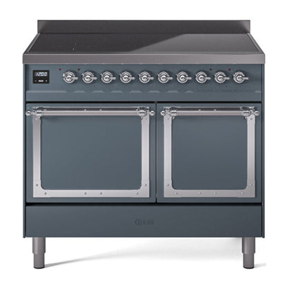 ILVE Nostalgie II 40-Inch Induction Range with 6 Induction Elements, 4.3 cu. ft. Oven, Blue Grey with Chrome Trim, Solid Door, UNDI406QNMPBGC