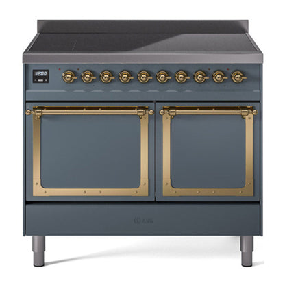 ILVE Nostalgie II 40-Inch Induction Range with 6 Induction Elements, 4.3 cu. ft. Oven, Blue Grey with Brass Trim, Solid Door, UNDI406QNMPBGG