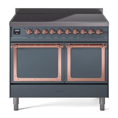 ILVE Nostalgie II 40-Inch Induction Range with 6 Induction Elements, 4.3 cu. ft. Oven, Blue Grey with Copper Trim, Solid Door, UNDI406QNMPBGP