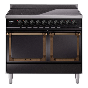 ILVE Nostalgie II 40-Inch Induction Range with 6 Induction Elements, 4.3 cu. ft. Oven, Glossy Black with Burnished Trim, Solid Door, UNDI406QNMPBKB
