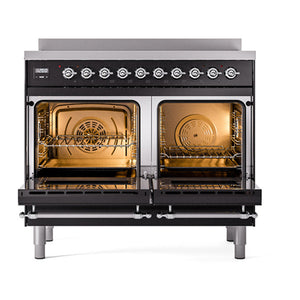 ILVE Nostalgie II 40-Inch Induction Range with 6 Induction Elements, 4.3 cu. ft. Oven, Glossy Black with Chrome Trim, Solid Door, UNDI406QNMPBKC