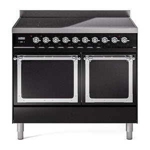 ILVE Nostalgie II 40-Inch Induction Range with 6 Induction Elements, 4.3 cu. ft. Oven, Glossy Black with Chrome Trim, Solid Door, UNDI406QNMPBKC