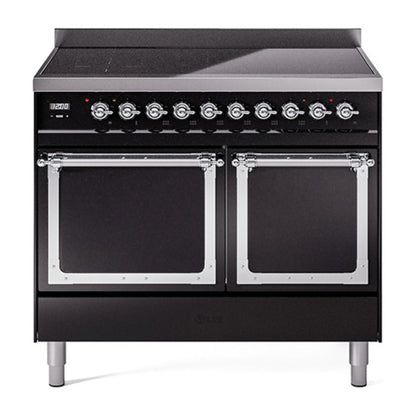 ILVE Nostalgie II 40-Inch Induction Range with 6 Induction Elements, 4.3 cu. ft. Oven, Glossy Black with Chrome Trim, Solid Door, UNDI406QNMPBKC