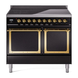 ILVE Nostalgie II 40-Inch Induction Range with 6 Induction Elements, 4.3 cu. ft. Oven, Glossy Black with Brass Trim, Solid Door, UNDI406QNMPBKG