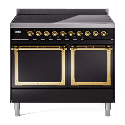 ILVE Nostalgie II 40-Inch Induction Range with 6 Induction Elements, 4.3 cu. ft. Oven, Glossy Black with Brass Trim, Solid Door, UNDI406QNMPBKG