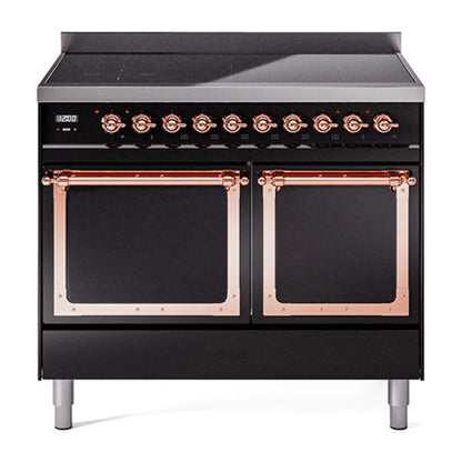 ILVE Nostalgie II 40-Inch Induction Range with 6 Induction Elements, 4.3 cu. ft. Oven, Glossy Black with Copper Trim, Solid Door, UNDI406QNMPBKP
