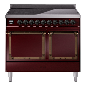 ILVE Nostalgie II 40-Inch Induction Range with 6 Induction Elements, 4.3 cu. ft. Oven, Burgundy with Burnished Trim, Solid Door, UNDI406QNMPBUB