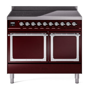 ILVE Nostalgie II 40-Inch Induction Range with 6 Induction Elements, 4.3 cu. ft. Oven, Burgundy with Chrome Trim, Solid Door, UNDI406QNMPBUC