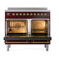 ILVE Nostalgie II 40-Inch Induction Range with 6 Induction Elements, 4.3 cu. ft. Oven, Burgundy with Brass Trim, Solid Door, UNDI406QNMPBUG