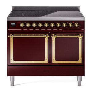ILVE Nostalgie II 40-Inch Induction Range with 6 Induction Elements, 4.3 cu. ft. Oven, Burgundy with Brass Trim, Solid Door, UNDI406QNMPBUG