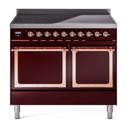 ILVE Nostalgie II 40-Inch Induction Range with 6 Induction Elements, 4.3 cu. ft. Oven, Burgundy with Copper Trim, Solid Door, UNDI406QNMPBUP