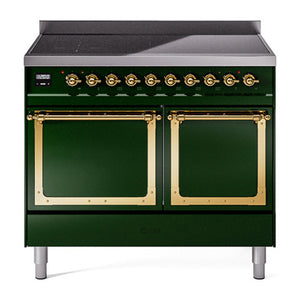 ILVE Nostalgie II 40-Inch Induction Range with 6 Induction Elements, 4.3 cu. ft. Oven, Emerald Green with Brass Trim, Solid Door, UNDI406QNMPEGG