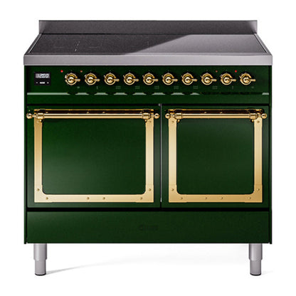 ILVE Nostalgie II 40-Inch Induction Range with 6 Induction Elements, 4.3 cu. ft. Oven, Emerald Green with Brass Trim, Solid Door, UNDI406QNMPEGG