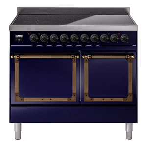 ILVE Nostalgie II 40-Inch Induction Range with 6 Induction Elements, 4.3 cu. ft. Oven, Midnight Blue with Burnished Trim, Solid Door, UNDI406QNMPMBB