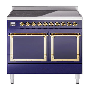 ILVE Nostalgie II 40-Inch Induction Range with 6 Induction Elements, 4.3 cu. ft. Oven, Midnight Blue with Brass Trim, Solid Door, UNDI406QNMPMBG