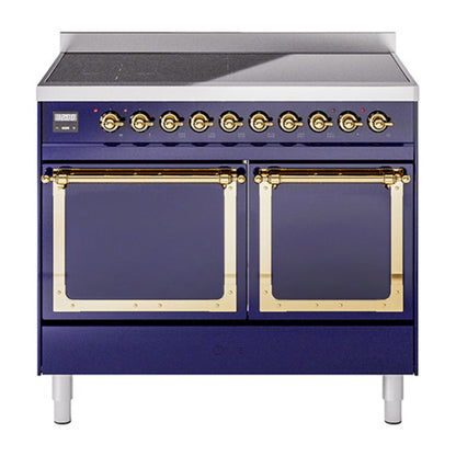 ILVE Nostalgie II 40-Inch Induction Range with 6 Induction Elements, 4.3 cu. ft. Oven, Midnight Blue with Brass Trim, Solid Door, UNDI406QNMPMBG