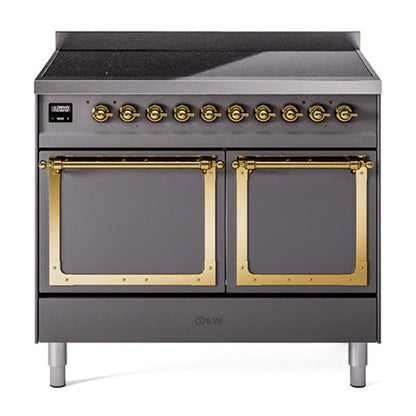 ILVE Nostalgie II 40-Inch Induction Range with 6 Induction Elements, 4.3 cu. ft. Oven, Graphite Matte with Brass Trim, Solid Door, UNDI406QNMPMGG