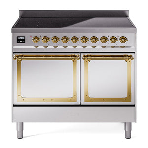 ILVE Nostalgie II 40-Inch Induction Range with 6 Induction Elements, 4.3 cu. ft. Oven, Stainless Steel with Brass Trim, Solid Door, UNDI406QNMPSSG
