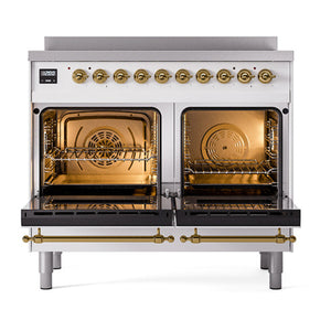 ILVE Nostalgie II 40-Inch Induction Range with 6 Induction Elements, 4.3 cu. ft. Oven, White with Brass Trim, Solid Door, UNDI406QNMPWHG
