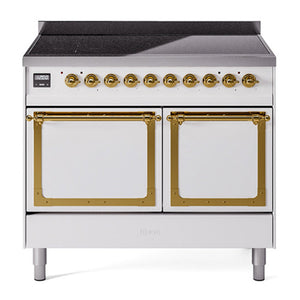 ILVE Nostalgie II 40-Inch Induction Range with 6 Induction Elements, 4.3 cu. ft. Oven, White with Brass Trim, Solid Door, UNDI406QNMPWHG
