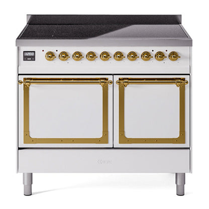 ILVE Nostalgie II 40-Inch Induction Range with 6 Induction Elements, 4.3 cu. ft. Oven, White with Brass Trim, Solid Door, UNDI406QNMPWHG