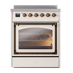 ILVE Nostalgie II 30-Inch Induction Range with 4 Induction Elements, 3.5 cu. ft. Oven, Antique White with Burnished Trim, Triple Glass Door, UNI304NMPAWB