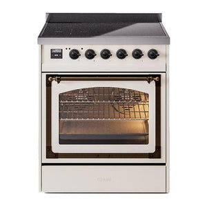 ILVE Nostalgie II 30-Inch Induction Range with 4 Induction Elements, 3.5 cu. ft. Oven, Antique White with Burnished Trim, Triple Glass Door, UNI304NMPAWB