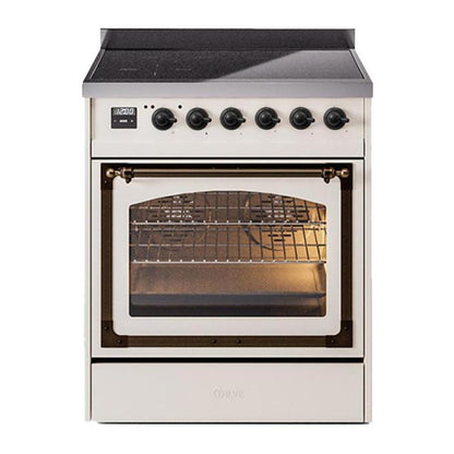 ILVE Nostalgie II 30-Inch Induction Range with 4 Induction Elements, 3.5 cu. ft. Oven, Antique White with Burnished Trim, Triple Glass Door, UNI304NMPAWB