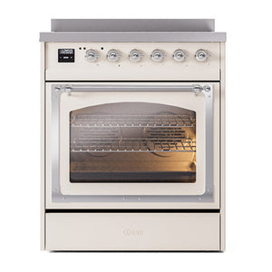 ILVE Nostalgie II 30-Inch Induction Range with 4 Induction Elements, 3.5 cu. ft. Oven, Antique White with Chrome Trim, Triple Glass Door, UNI304NMPAWC