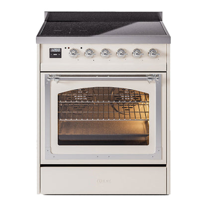 ILVE Nostalgie II 30-Inch Induction Range with 4 Induction Elements, 3.5 cu. ft. Oven, Antique White with Chrome Trim, Triple Glass Door, UNI304NMPAWC