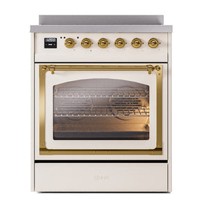ILVE Nostalgie II 30-Inch Induction Range with 4 Induction Elements, 3.5 cu. ft. Oven, Antique White with Brass Trim, Triple Glass Door, UNI304NMPAWG
