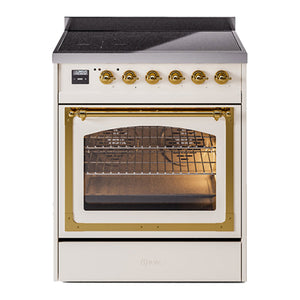 ILVE Nostalgie II 30-Inch Induction Range with 4 Induction Elements, 3.5 cu. ft. Oven, Antique White with Brass Trim, Triple Glass Door, UNI304NMPAWG