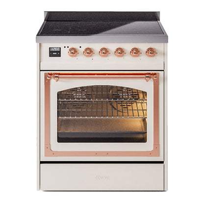 ILVE Nostalgie II 30-Inch Induction Range with 4 Induction Elements, 3.5 cu. ft. Oven, Antique White with Copper Trim, Triple Glass Door, UNI304NMPAWP
