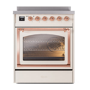 ILVE Nostalgie II 30-Inch Induction Range with 4 Induction Elements, 3.5 cu. ft. Oven, Antique White with Copper Trim, Triple Glass Door, UNI304NMPAWP
