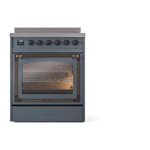 ILVE Nostalgie II 30-Inch Induction Range with 4 Induction Elements, 3.5 cu. ft. Oven, Blue Grey with Burnished Trim, Triple Glass Door, UNI304NMPBGB