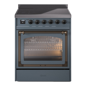 ILVE Nostalgie II 30-Inch Induction Range with 4 Induction Elements, 3.5 cu. ft. Oven, Blue Grey with Burnished Trim, Triple Glass Door, UNI304NMPBGB