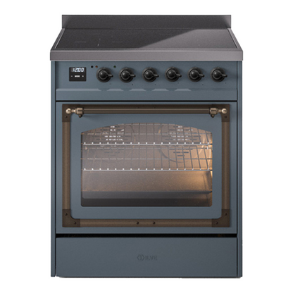 ILVE Nostalgie II 30-Inch Induction Range with 4 Induction Elements, 3.5 cu. ft. Oven, Blue Grey with Burnished Trim, Triple Glass Door, UNI304NMPBGB