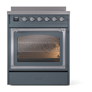 ILVE Nostalgie II 30-Inch Induction Range with 4 Induction Elements, 3.5 cu. ft. Oven, Blue Grey with Chrome Trim, Triple Glass Door, UNI304NMPBGC