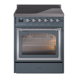 ILVE Nostalgie II 30-Inch Induction Range with 4 Induction Elements, 3.5 cu. ft. Oven, Blue Grey with Chrome Trim, Triple Glass Door, UNI304NMPBGC