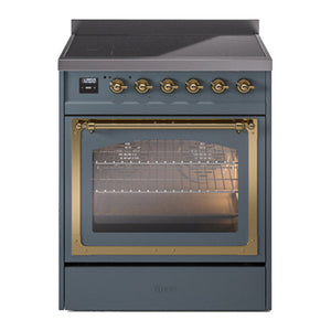 ILVE Nostalgie II 30-Inch Induction Range with 4 Induction Elements, 3.5 cu. ft. Oven, Blue Grey with Brass Trim, Triple Glass Door, UNI304NMPBGG