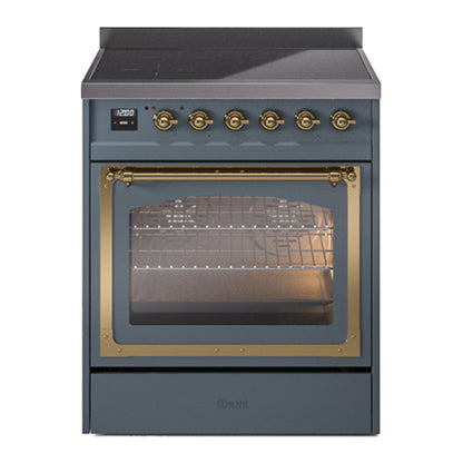 ILVE Nostalgie II 30-Inch Induction Range with 4 Induction Elements, 3.5 cu. ft. Oven, Blue Grey with Brass Trim, Triple Glass Door, UNI304NMPBGG