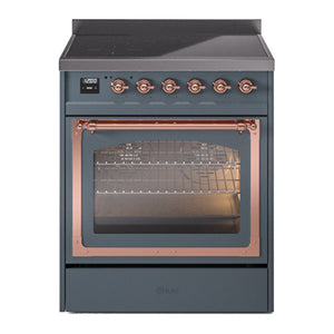 ILVE Nostalgie II 30-Inch Induction Range with 4 Induction Elements, 3.5 cu. ft. Oven, Blue Grey with Copper Trim, Triple Glass Door, UNI304NMPBGP