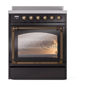 ILVE Nostalgie II 30-Inch Induction Range with 4 Induction Elements, 3.5 cu. ft. Oven, Glossy Black with Burnished Trim, Triple Glass Door, UNI304NMPBKB