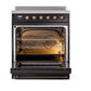 ILVE Nostalgie II 30-Inch Induction Range with 4 Induction Elements, 3.5 cu. ft. Oven, Glossy Black with Burnished Trim, Triple Glass Door, UNI304NMPBKB