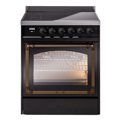 ILVE Nostalgie II 30-Inch Induction Range with 4 Induction Elements, 3.5 cu. ft. Oven, Glossy Black with Burnished Trim, Triple Glass Door, UNI304NMPBKB