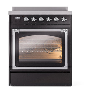 ILVE Nostalgie II 30-Inch Induction Range with 4 Induction Elements, 3.5 cu. ft. Oven, Glossy Black with Chrome Trim, Triple Glass Door, UNI304NMPBKC