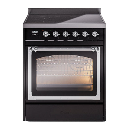ILVE Nostalgie II 30-Inch Induction Range with 4 Induction Elements, 3.5 cu. ft. Oven, Glossy Black with Chrome Trim, Triple Glass Door, UNI304NMPBKC