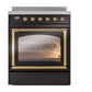 ILVE Nostalgie II 30-Inch Induction Range with 4 Induction Elements, 3.5 cu. ft. Oven, Glossy Black with Brass Trim, Triple Glass Door, UNI304NMPBKG